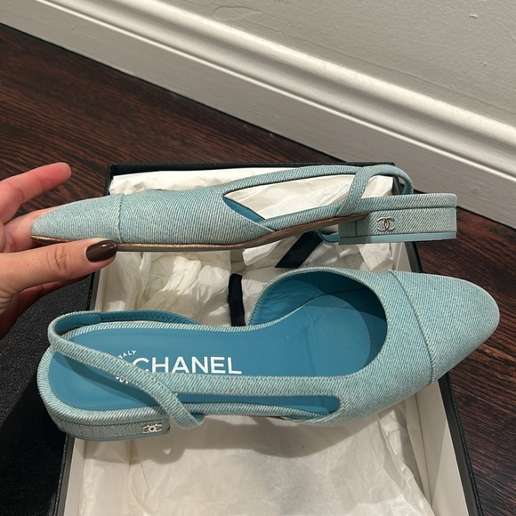 🩵 Chanel 21S Denim Blue Neon Mademoiselle Coco Sling Slingback Flat Sandal 37 - Picture 6 of 6